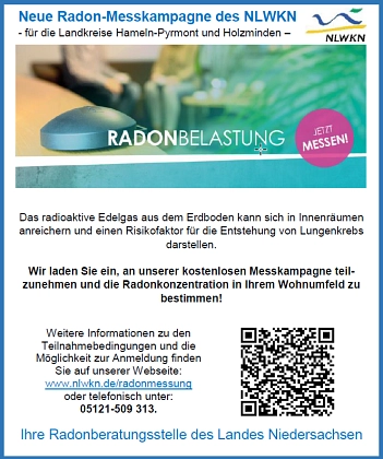 Anzeige_Radon_mit_QRCode © Niedersächsischer Landesbetrieb für Wasserwirtschaft, Küsten- und Naturschutz
Hannover Hildesheim
An der Scharlake 39
31135 Hildesheim